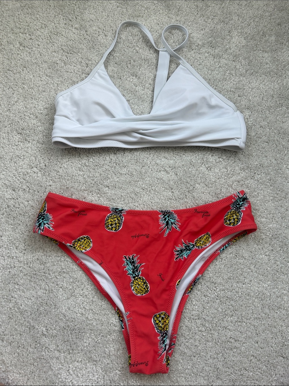 Cupshe White Halter Bikini Top with Coral Pineapple Print Bottoms